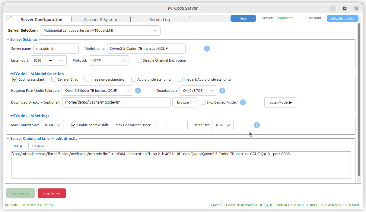 MTCode Server language model category and Hugging Face model selection interface