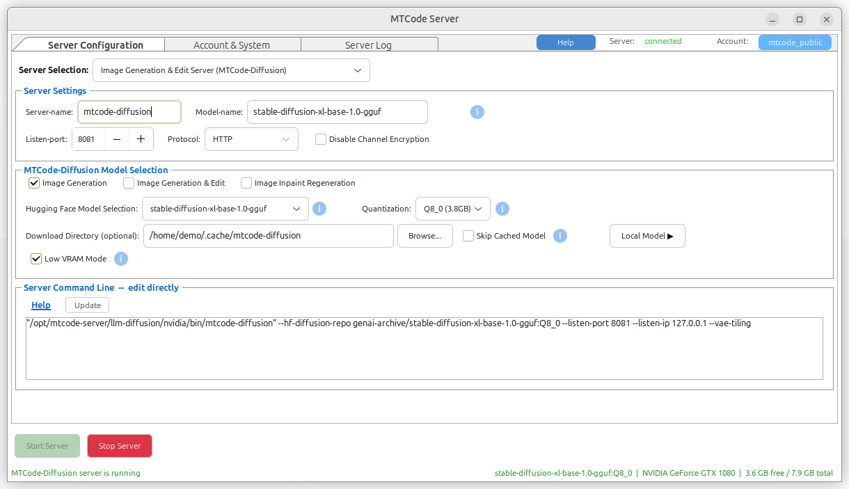 MTCode Server image model category and Hugging Face model selection interface